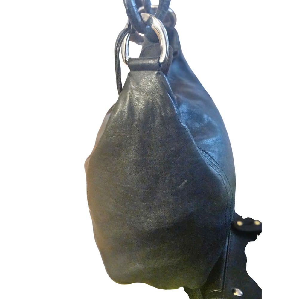 Michael Kors Black Leather Hobo Bag Silver Ring Hardware MK Charm Shoulder Bag - Picture 8 of 10